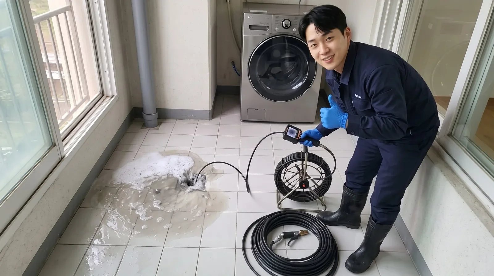 경기 남부권 세탁실 배수구 역류 현장에서 배관내시경을 든 기술자